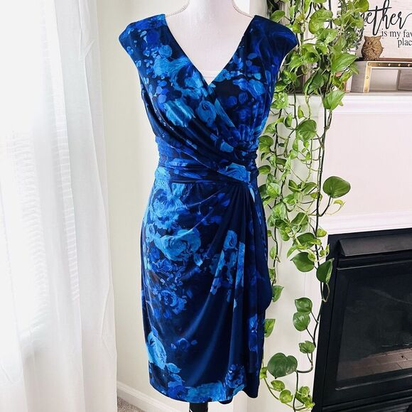 Gorgeous CHAPS Ralph Lauren Blue Floral Suplice Faux Wrap Pencil Dress - Small - Picture 1 of 7